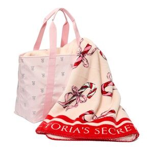 NWT Victoria’s Secret Pink Shine Tote Bag & Cozy Blanket w/Candy Cane & Bows
